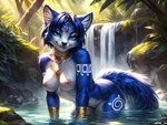 anthro blue_body blue_fur breasts butt canid canine detailed detailed_background detailed_fur female fluffy fluffy_tail fox front_view fur hi_res jewelry jungle krystal light light_beam looking_at_viewer mammal mercrantos nipples smile solo sunbeam sunlight tattoo walking waterfall