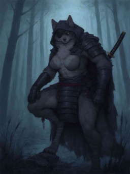 4_toes abs anthro arm_wraps armor black_nose breasts casual_exposure chest_tuft claws cloak clothed clothing detailed_background digitigrade eye_patch eyewear featureless_breasts feet female fingers fog forest frown fur gloves grass grey_body grey_fur handwear hooded_cloak katana looking_at_viewer melee_weapon muscular muscular_anthro muscular_female nature night outside plant rock samurai samurai_armor scar solo standing sword toes tree tuft warrior weapon wraps yellow_eyes unknown_director canid canine canis mammal wolf hi_res painting_(artwork) traditional_media_(artwork) watercolor_(artwork)