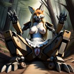 anthro canid canine clothed clothing female forest fox genitals maid_uniform mammal mechanical_arms mechanical_legs niko plant public public_nudity pussy reyneke solo topless tree uniform wardrobe_malfunction