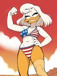 4th_of_july american_flag_bikini anthro beach beak bikini bikini_top breasts cleavage clothed clothing cloud disney ducktales ducktales_(2017) eyebrows eyes_closed female fist flag_bikini flexing flexing_bicep hair hand_on_hip low-angle_view navel non-mammal_breasts orange_legs outside prosthetic prosthetic_leg prosthetic_limb raised_eyebrows seaside sky smile solo stars_and_stripes swimwear teeth united_states_of_america white_body white_hair cloud9999 della_duck anatid anseriform avian bird duck hi_res portrait three-quarter_portrait