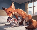 ambiguous_penetration anthro bed blush canid canine druge duo female fox from_behind_position furniture grabbing_sheets hip_grab interspecies jockey_position judy_hopps lagomorph leporid male male/female mammal nick_wilde nude on_bed open_mouth penetration rabbit sex zootopia