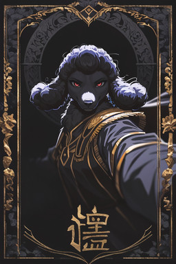 anthro black_body black_fur black_hair black_nose border clothed clothing female fur hair looking_at_viewer red_eyes solo text tuft white_body white_fur white_hair kbi canid canine canis domestic_dog mammal poodle portrait