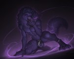 abs anthro balls bracelet chastity_cage chastity_device genitals jewelry kneeling licking_own_fingers male mane muscular on_one_knee pecs purple_eyes solo latentspaceman hi_res
