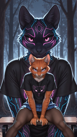 bottomwear clothed clothing duo female legwear male panties pantyhose raised_bottomwear raised_clothing raised_skirt silhouette sitting_on_bench skirt spread_legs spreading stand underwear upskirt skotuk domestic_cat felid feline felis mammal hi_res