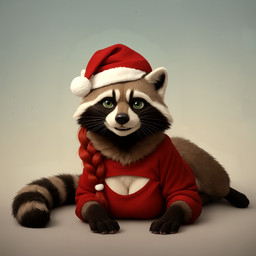 anthro black_nose braided_hair breasts christmas christmas_clothing christmas_headwear claws cleavage cleavage_cutout clothed clothed_semi-anthro clothing cutout female fur green_eyes hair hat headgear headwear holidays looking_at_viewer lying markings realesrgan_x2_(upscaler) remacri_original_(upscaler) ring_(marking) ringtail santa_hat semi-anthro simple_background smile solo striped_markings striped_tail stripes sweater tail tail_markings topwear tuft whiskers crashbandit mammal procyonid raccoon comfyui_(software) digital_media_(artwork) nai-diffusion-4-full_(model) penrosy_(model) prompt_metainfo