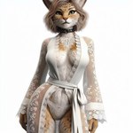 anthro bathrobe bing_image_creator breasts brown_claws brown_hair claws cleavage clothed clothing collar female fur green_eyes hair lace lace_bathrobe lace_panties leather_collar looking_at_viewer orange_body orange_fur panties pink_nose robe simple_background solo spots spotted_body spotted_fur standing underwear white_background white_body white_fur wide_hips kunako felid feline hybrid mammal