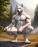 absurd_res anthro balls bumblebee95 canid canine canis crouching detailed_background digitigrade fur genitals hand_on_penis hi_res male mammal muscular penis realistic solo white_body white_fur wolf