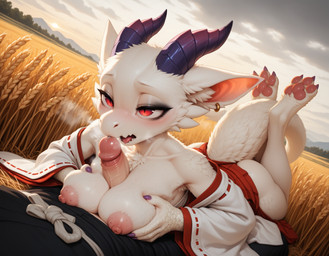 anthro asian_clothing bottomwear breast_play breasts butt clothing colored_nails duo east_asian_clothing eyeliner female field foreskin fur genitals hakama horn human_on_anthro interspecies japanese_clothing lying makeup male male/female miko_outfit montgomery_glands nails on_front overcast pawpads penis penis_sniffing purple_horn purple_nails red_eyes retracted_foreskin sex sky sniffing steaming_body titfuck tongue wheat_field fluffscaler hymonie_fluffscale(fluffscaler) furred_kobold human kobold mammal hi_res