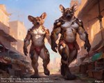 african_wild_dog anthro blue_eyes bottomwear bulge canid canine clothing duo kaleb loincloth looking_at_viewer male male/male mammal market muscular muscular_male ruva text wetfur_(director)
