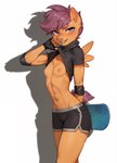 anthro athletic athletic_female blush bodily_fluids bottomwear breasts clothing elbow_pads exposed_breasts female fingerless_gloves gloves gym_bottomwear gym_clothing gym_shorts hair handwear hoodie horse_ears horse_tail piercing short_hair short_tail shorts simple_background skateboard small_breasts smile solo sweat topwear wings smikey friendship_is_magic my_little_pony scootaloo_(mlp) animal_humanoid equid equid_humanoid equine horse humanoid mammal mammal_humanoid pony absurd_res hi_res