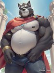 anthro belly black_body black_fur blue_eyes cape clothing day fur jewelry looking_at_viewer low-angle_view male multicolored_body nipples nose outside smile solo two_tone_body white_body knox_synth amicus_(adastra) canid canine canis mammal wolf hi_res