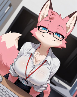anthro blue_eyes bottomwear clothing eyewear facial_tuft female fur glasses looking_at_viewer office office_clothing pink_body pink_fur pupils shirt skirt smile smug_face solo tail topwear tuft white_clothing white_shirt white_topwear alastorgj rose_(alastorgj) canid canine canis fox mammal hi_res