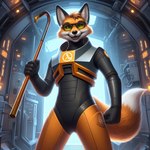 anthro armor canid canine eyewear fox glasses hardfurry holding_object holding_weapon male mammal solo spacecraft_interior standing tools weapon