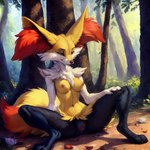 anthro black_body black_fur braixen breasts canid canine female forest fox fur generation_6_pokemon genitals inner_ear_fluff mammal neck_tuft nipples nude outside plant pokemon_(species) pussy red_body red_eyes red_fur sitting_on_ground smile solo spread_legs spreading theunamusedfox tree tuft white_body white_fur yellow_body yellow_fur