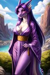 anthro asian_clothing breasts butchcinder clothing dragon east_asian_clothing female hair horn japanese_clothing kimono looking_at_viewer non-mammal_breasts purple_body purple_hair purple_scales scales scalie solo