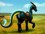 ambiguous_gender blue_body bridle chastity_belt chastity_device dragon eliot_the_artificer feral grass grassland hi_res hood hoofboots outside petplay plant ponyplay rodrigo_cz roleplay rubber saddle solo