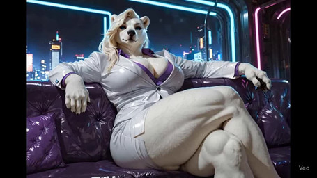 anthro big_breasts black_lips black_nails black_nose blue_eyes breasts city city_background cleavage cleavage_overflow clothed clothing colored_nails female fur furniture hair lips nails neon sofa solo solo_focus suit text thick_thighs white_body white_fur white_hair augustine bahufaru mammal polar_bear ursid ursine 3rd_party_watermark animated english_text sound watermark webm