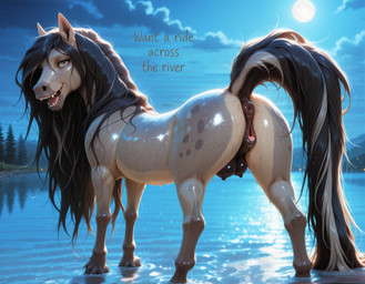 animal_genitalia animal_pussy anus black_hair bodily_fluids clitoral_winking clitoris equine_anus equine_pussy fangs female feral fur genital_fluids genitals grey_body grey_eyes hair lake long_hair long_mane long_tail looking_at_viewer multicolored_body multicolored_fur mythological_equine mythology night open_mouth pussy pussy_juice quadruped smile solo standing_on_water teats teeth text tongue wet wet_body wet_hair hydra_(director) equid equine kelpie mammal mythological_creature hi_res