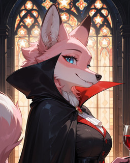 anthro blood blue_eyes bodily_fluids cape castle clothing elegant fangs female fur looking_at_viewer pink_body pink_fur pupils smile solo tail teeth topwear vest whiskers alastorgj halloween_2025 rose_(alastorgj) canid canine canis fox mammal vampire hi_res