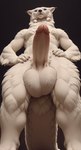 accessory anthro balls big_balls big_penis big_tail blue_eyes claws fluffy_body foreskin fur genitals hair_accessory hands_on_hips looking_at_viewer looking_down_at_viewer low-angle_view male muscular penis pink_penis solo thick_thighs white_body white_fur worm's-eye_view auykac felid mammal tetton hi_res