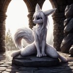 anthro black_claws blue_eyes canid canine claws cyfx digimon digimon_(species) female flat_chested fluffy fluffy_tail fox fur genitals hair kneeling mammal marble neck_tuft pussy renamon rock small_chest smile solo spread_legs spreading tuft white_body white_fur