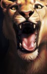 absurd_res felid female fur hi_res lion mammal mouth_shot open_mouth pantherine pink_nose shuffur signature simple_background tan_body tan_fur teeth tongue tongue_out yellow_eyes