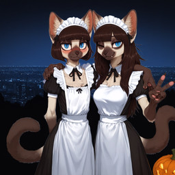 anthro biped blue_eyes breasts city city_background clothing duo female fur gesture hand_on_shoulder inner_ear_fluff jack-o'-lantern maid_uniform male multicolored_body multicolored_fur one_eye_closed prick_ears smile snaggle_tooth tuft two_tone_body two_tone_fur uniform v_sign wink anonymous_director invoke_high felid feline mammal 1:1 hi_res