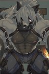 abs all_fours anthro bara black_body black_fur bottomwear clothed clothing countershading detailed_background eye_patch eyewear fur grey_body grey_fur hair harness looking_at_viewer male muscular muscular_anthro muscular_male nipples one_eye_obstructed open_mouth partially_clothed red_eyes reverse_countershading smile smirk solo spreading topless tuft zenless_zone_zero arturowolff_(director) arturowolff von_lycaon canid canine canis mammal wolf hi_res