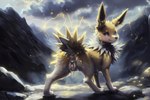 all_fours animal_genitalia animal_pussy canine_genitalia canine_pussy female feral genitals lightning looking_at_viewer mountains pokemon pussy solo venisoncreampie eeveelution generation_1_pokemon jolteon mammal pokemon_(species) hi_res