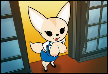 anthro areola big_breasts breasts clothed clothing dress exposed_breasts female footwear fur hands_on_hips inside looking_at_viewer nipples office_clothing open_mouth partially_clothed presenting shirt shoes smile solo standing tail topwear white_body boxen549 aggretsuko sanrio fenneko_(aggretsuko) canid canine fennec fox mammal