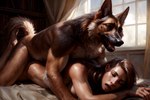 anthro anthro_penetrating anthro_penetrating_human bed bookshelf breasts breath brown_hair canid canine canineluvr19 canis domestic_dog duo eyes_closed female female_on_anthro female_on_bottom from_behind_position furniture german_shepherd hair herding_dog hi_res human human_on_anthro human_penetrated interspecies looking_at_viewer looking_pleasured lying male male/female mammal on_all_fours on_bottom on_front open_mouth panting pastoral_dog penetration prone raised_leg sex side_boob window