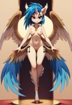 anthro breasts feathers female fluffy_ears fur genitals hair inner_ear_fluff jewelry lidded_eyes looking_at_viewer necklace nipples nude pussy small_breasts smile solo spread_wings tuft white_body white_fur wings vtaviscratch vinyl_scratch_(mlp) avian equid equine harpy horse hybrid mammal my_little_pony mythological_avian pony hi_res