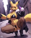 anthro big_breasts bikini blonde_hair breasts clothed clothing collar crouching female fishnet footwear generation_1_pokemon genitals genny hair high_heels huge_breasts jacket mammal peace_sign_(disambiguation) pikachu pokemon_(species) prostitution pussy rodent skimpy smile solo squat swimwear topwear wide_hips