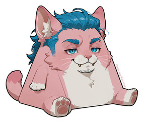 3_toes anthro blue_eyebrows blue_eyes blue_hair claws eyebrow_piercing eyebrows facial_piercing feet fur golden_fangs hair hair_slicked_back kima_(zaxxxer) male pawpads piercing pink_body pink_fur pink_nose pink_pawpads prehistoric_species pupils simple_background sitting slit_pupils smug solo toes white_background white_body white_claws white_fur zaxxxer_(director) meme_2026 felid feline felis mammal saber-toothed_tiger hi_res