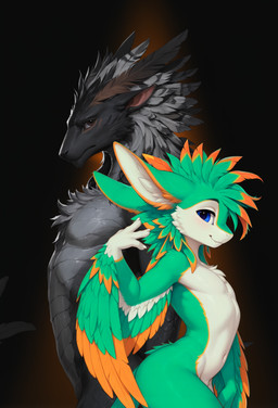 anthro black_body black_feathers black_fur blue_eyes brown_body brown_eyes brown_feathers countershading cute_fangs duo feather_hair feathers fur green_body green_feathers grey_body grey_countershading grey_feathers looking_at_viewer male multicolored_body multicolored_feathers mythology orange_body orange_feathers pinup pose pseudo_hair two_tone_body two_tone_feathers white_body white_countershading white_feathers zakath emerald267 avali dragon feathered_dragon mythological_creature mythological_scalie scalie hi_res