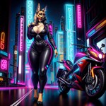 anthro big_breasts black_nose breasts busty canid canine canis city cityscape cleavage clothed clothing colored_nails cyberpunk domestic_dog donniebarko female fur german_shepherd hair herding_dog hi_res huge_breasts leather leather_clothing looking_at_viewer machine mammal motorcycle nails neon_lights outside pastoral_dog seductive smile solo standing thick_thighs vehicle wide_hips