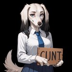 anthro black_background black_nose blue_clothing blue_eyes bottomwear breasts claws clothed clothing female floppy_ears fur hair holding_object holding_sign looking_at_viewer necktie profanity school_uniform shirt sign simple_background skirt solo text topwear transparent_background uniform white_body white_clothing white_fur white_shirt white_topwear anonymous_director canid canine canis domestic_dog hunting_dog mammal saluki sighthound alpha_channel english_text hi_res portrait