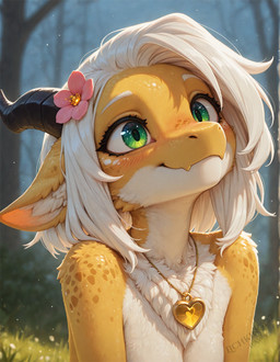 accessory anthro black_horn blush chest_tuft countershading depth_of_field ear_tuft face_focus female flower flower_in_hair forest forest_background fur green_eyes hair hair_accessory horn jewelry looking_up nature nature_background necklace outside plant raised_head scales short_hair smile solo tree tuft white_body white_countershading white_fur white_hair yellow_body yellow_fur lichking127 sunny_(lichking127) kobold scalie hi_res portrait