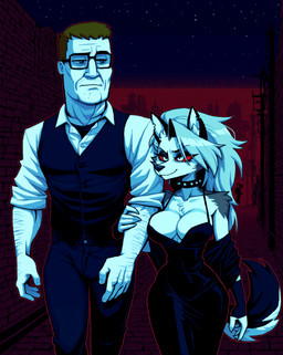 anthro breasts cleavage clothed clothing crossover duo eyewear female glasses hair human_on_anthro interspecies long_hair male male/female anonymous_director hellaverse helluva_boss king_of_the_hill hank_hill loona_(helluva_boss) canid canid_demon canine canis demon hellhound human mammal wolf hi_res