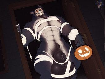 anatomically_correct anatomically_correct_genitalia animal_genitalia anthro balls big_balls big_muscles bodily_fluids bone fur genital_fluids genitals halloween halloween_bucket huge_balls leaking_precum male mummy_costume muscular nipples precum sheath skull skull_head solo tuft veiny_muscles doggyai canid canine canis mammal wolf hi_res