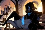 anthro balls bodily_fluids cape castle_background cloak clothing cumsluteater3 dark_hair dragoness ears_aside fantasy genital_fluids genitals glowing glowing_eyes glowing_genitalia glowing_penis gynomorph hooded_cloak intersex knot leaking_precum legwear medium_penis mythology penis precum smolder_(kanel) solo stockings tail tight_clothing dragon mythological_creature mythological_scalie scalie absurd_res hi_res