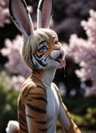 absurd_res blonde_hair blue_eyes bodily_fluids dripping felid fur hair hi_res hybrid lagomorph leporid male mammal orange_body orange_fur pantherine plant rabbit saliva saliva_drip stablexai stripes tiger tongue tongue_out tree white_body white_fur