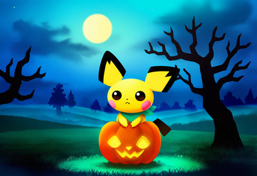 ambiguous_gender bandanna black_eyes clothing cloud detailed_background feral food fruit full_moon fur grass halloween holidays jack-o'-lantern kerchief light looking_at_viewer moon night outside plant pumpkin scarf sky solo star tree yellow_body yellow_fur jomisa nintendo pokemon generation_2_pokemon mammal pichu pokemon_(species) rodent digital_media_(artwork)