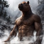 1:1 abs alternate_version_at_source anthro athletic body_hair capybara caviid chest_hair colorful detailed detailed_background eyes_closed fog fur hair hairy happy_trail hi_res hot_spring light male mammal muscular muscular_anthro muscular_male navel nipples notte nude outdoor outside pecs portrait realistic relaxed river rodent shaded soft_shading solo solo_focus swimming three-quarter_portrait tuft water