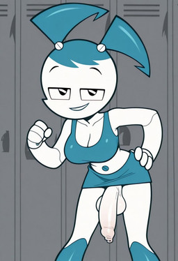 balls big_balls big_breasts big_penis bottomwear breasts clothed clothing crop_top fist flaccid foreskin foreskin_overhang genitals gynomorph hair half-closed_eyes humanoid_genitalia humanoid_penis intersex locker locker_room long_foreskin looking_at_viewer machine narrowed_eyes navel not_furry penis robot_joints shirt skirt smile smirk smirking_at_viewer solo standing topwear unretracted_foreskin white_body boxen549 my_life_as_a_teenage_robot nickelodeon jenny_wakeman humanoid robot