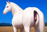 animal_genitalia animal_pussy black_pussy blonde_hair bodily_fluids clitoral_winking clitoris equine_pussy female feral genital_fluids genitals hair looking_at_viewer looking_back looking_pleasured pussy solo tail_up white_body mare_fan_ultimate equid equine mammal