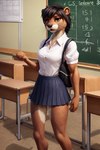 anthro black_hair bottomwear brown_eyes classroom clothing dark_brown_fur female fur hair multicolored_body multicolored_fur round_ears school school_bag school_uniform skirt solo teenager two_tone_body two_tone_fur uniform young young_female hellapoc deni lutrine mammal mustelid