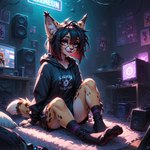 anthro clothed clothing computer desk female footwear fur furniture hair hoodie inside looking_at_viewer short_hair smile socks solo solo_focus speaker table topwear director_elkkue felid feline mammal serval hi_res