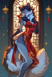 anthro asian_clothing breasts chinese_clothing chinese_dress clothing dress east_asian_clothing female long_tail looking_at_viewer medium_breasts pose solo standing foxlover7796 hioshiru canid canine canis mammal wolf hi_res