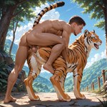 animal_genitalia animal_pussy anus bestiality doggystyle duo female feral feral_penetrated from_behind_position fur genitals hip_grab human_on_feral human_penetrating human_penetrating_feral interspecies looking_at_viewer looking_pleasured male male/female male_penetrating nude one_leg_up pawpads penetration penis pussy raised_leg sex stable_diffusion vaginal vaginal_penetration astra_militarum felid human mammal pantherine tiger absurd_res hi_res